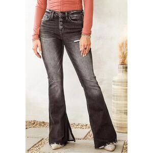 Flying Monkey Mid Rise Flare Jeans 31 Dark Wash Distressed Raw Hem Button Fly